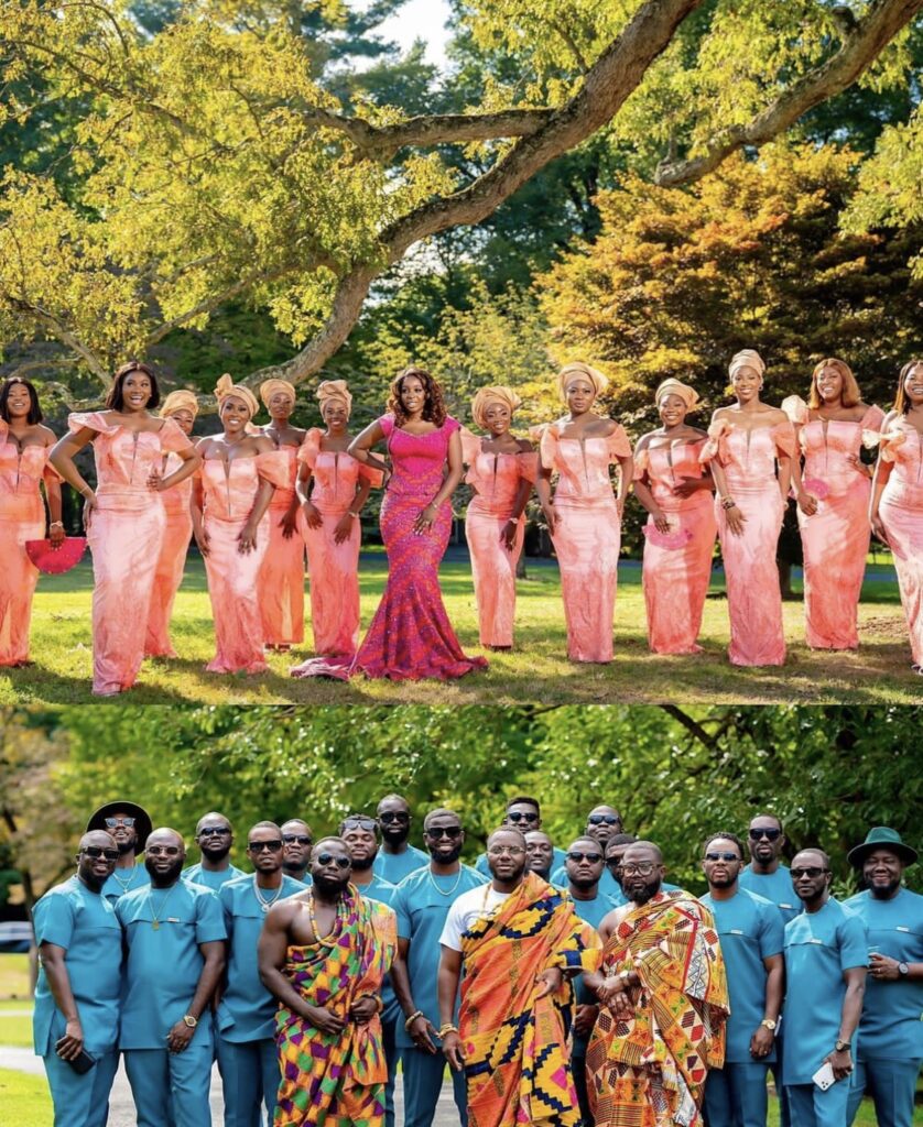Collage of Ghanaian bride and bridesmaid with Ghanaian groom and groomsmen